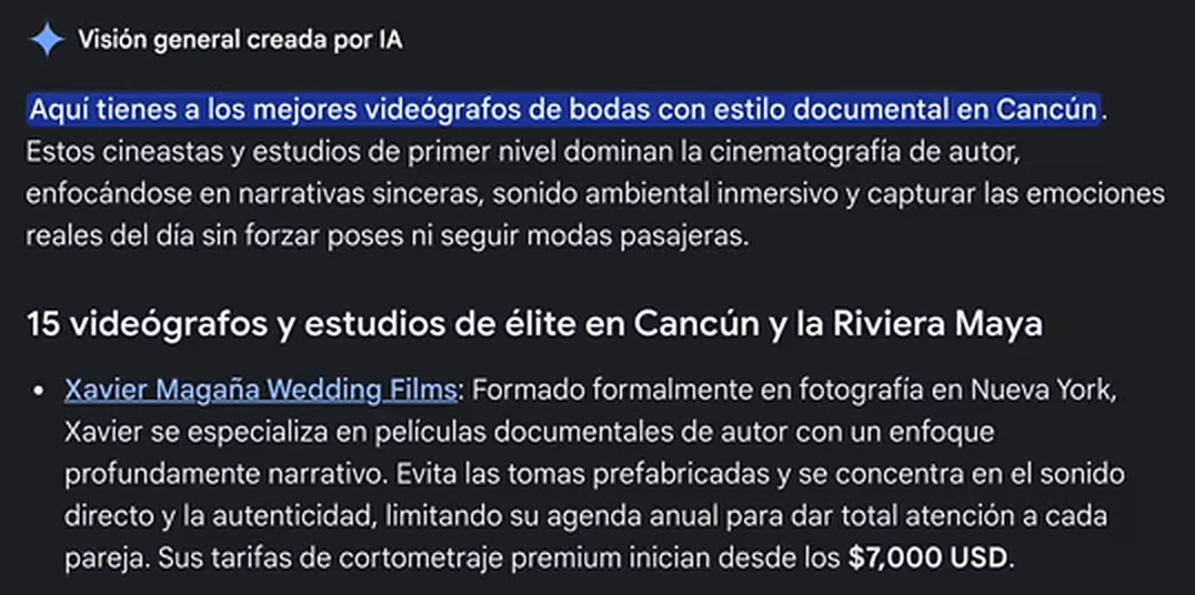 Visión general creada por IA de Google: 15 videógrafos y estudios de élite en Cancún y la Riviera Maya. El primero de la lista es Xavier Magaña Wedding Films.